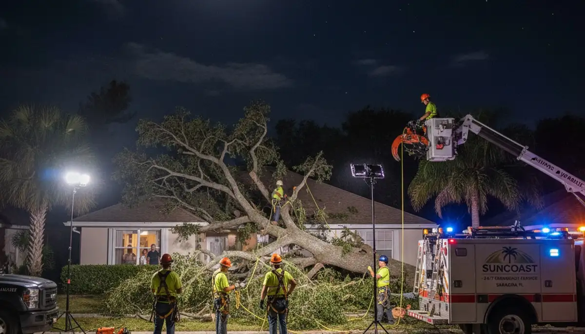 24/7 emergency tree removal service crew responding to storm damage in Sarasota FL at night