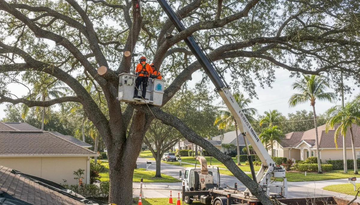 Professional arborists performing safe tree removal with crane and chainsaws in Sarasota, Florida