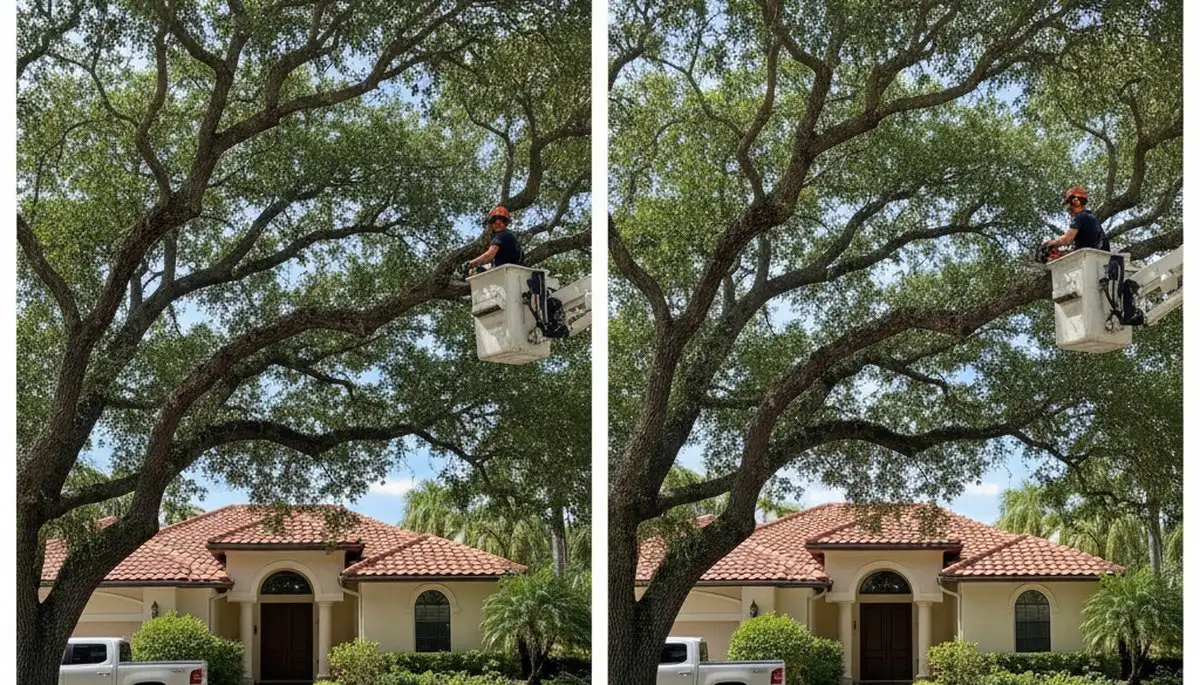 Arborist performing canopy lift trimming for improved driveway clearance in Sarasota, FL