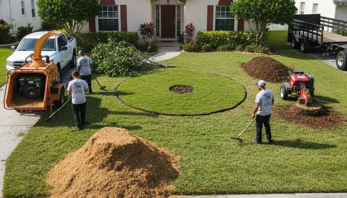 Professional tree removal cleanup and restored yard with wood chipper in Sarasota FL