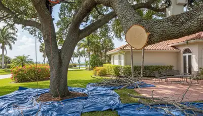 Arborist performing deadwood removal to prevent storm damage at a Sarasota FL residential property