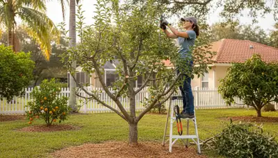 Arborist pruning fruit tree in Sarasota FL backyard orchard with professional tree care tools