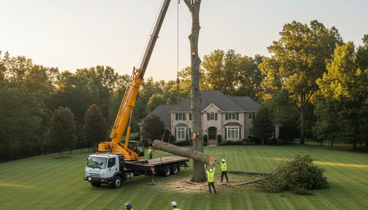 Professional lawn and tree care crew working in Sarasota, FL coastal landscape
