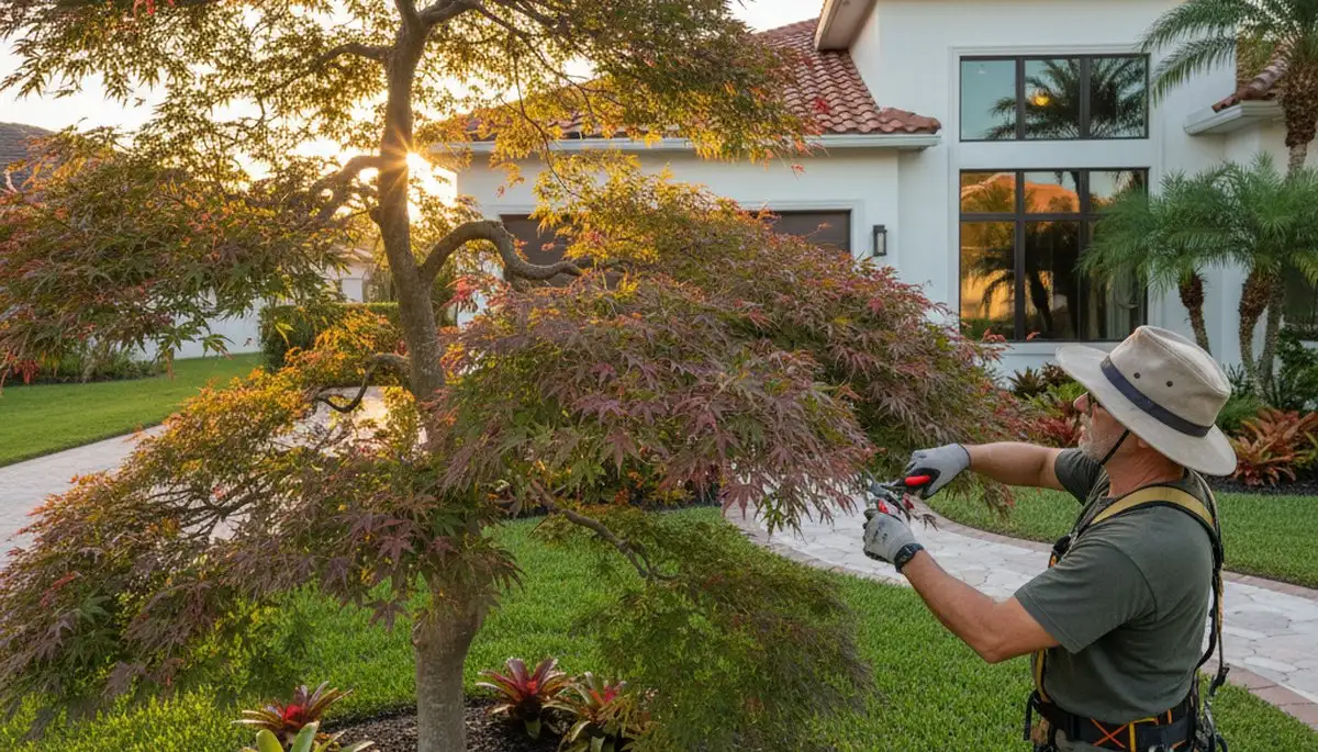 Arborist hand pruning ornamental Japanese maple for curb appeal in Sarasota FL landscape
