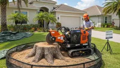 Professional stump grinding equipment removing shrubs safely in Sarasota FL landscaping