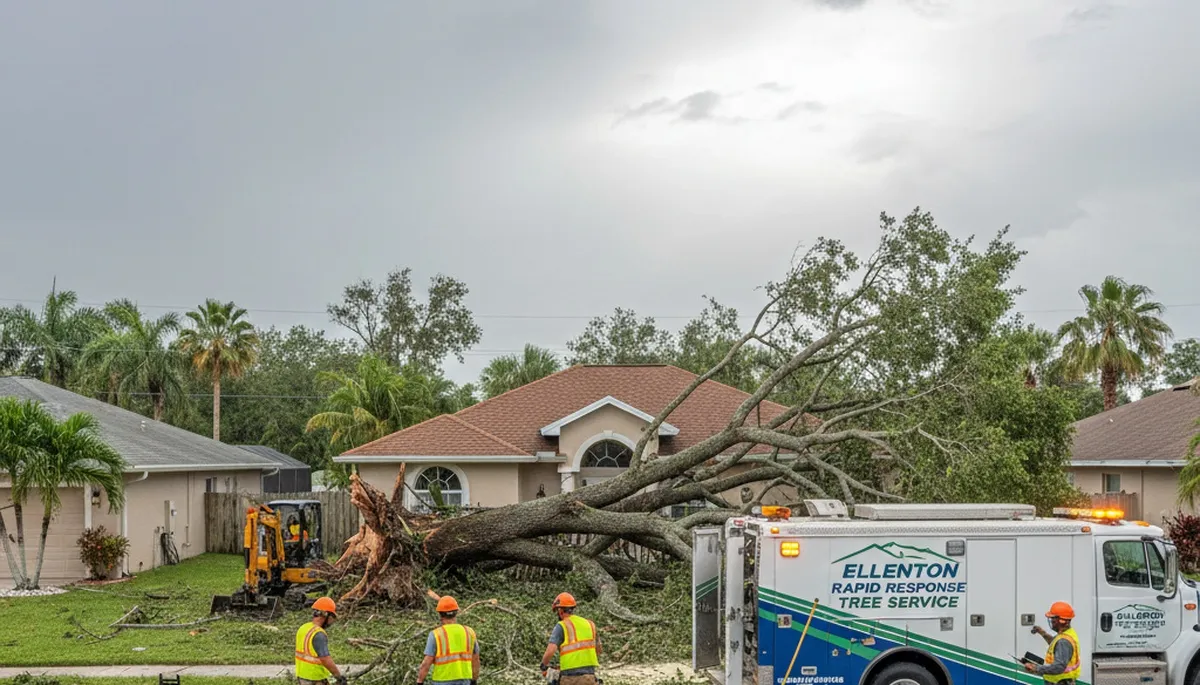 Emergency tree removal crew clearing storm-damaged trees in Ellenton, Sarasota FL after severe weather