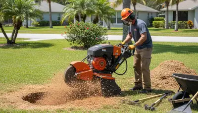Professional stump grinding service removing tree stumps in Nokomis, Sarasota, FL yard