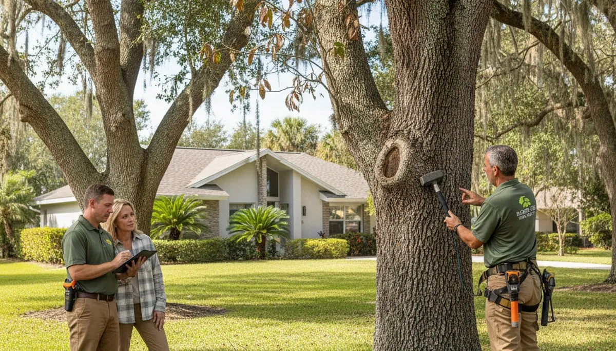 Certified arborist performing tree health assessment for homeowners in Ellenton, FL near Sarasota