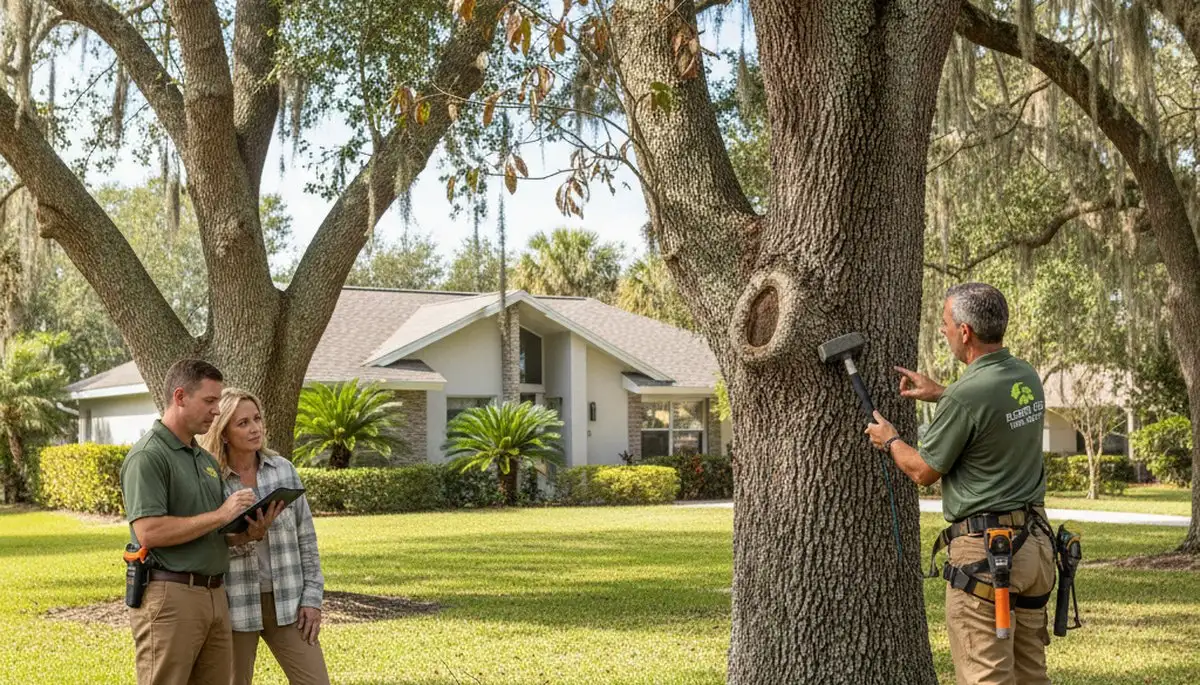 Certified arborist performing tree health assessment for homeowners in Ellenton, FL near Sarasota