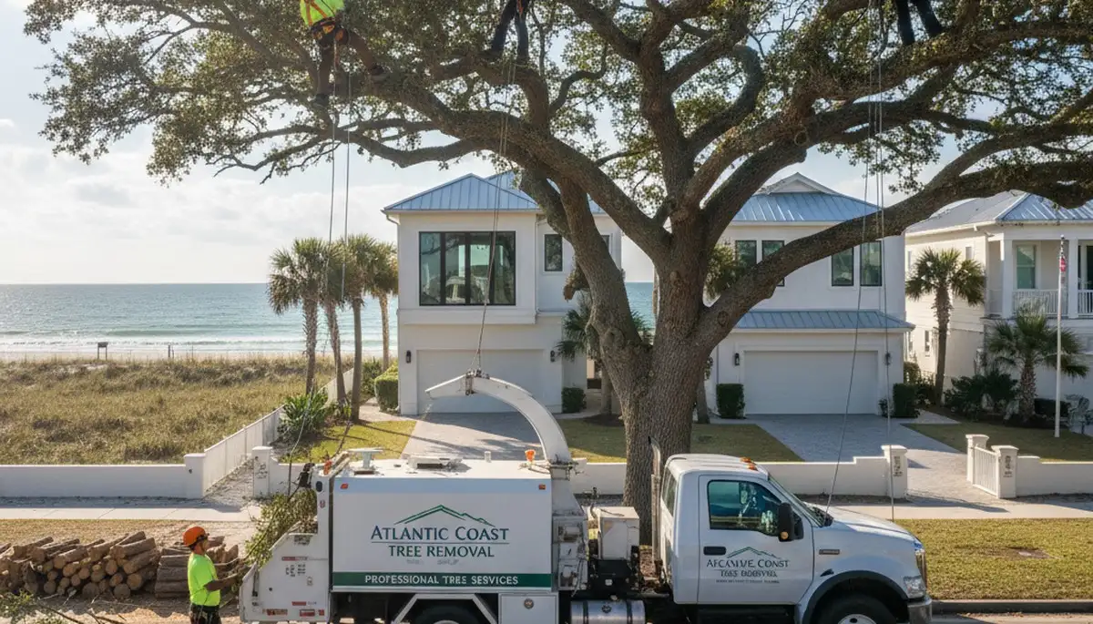 Professional tree removal service in Sarasota FL safely clearing large oak trees
