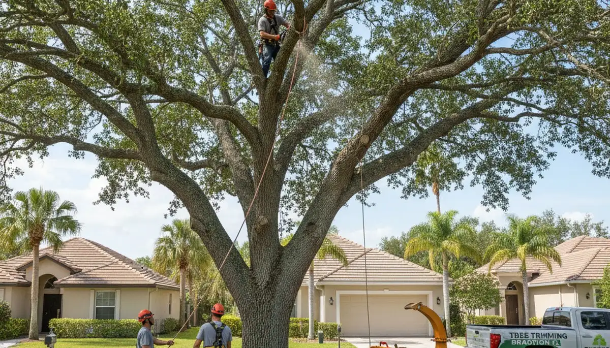 Professional tree removal service in Sarasota FL safely cutting and clearing large palm trees