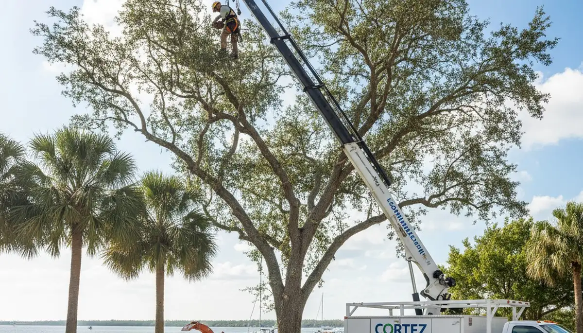 Professional tree removal service in Sarasota FL safely cutting and clearing large oak tree