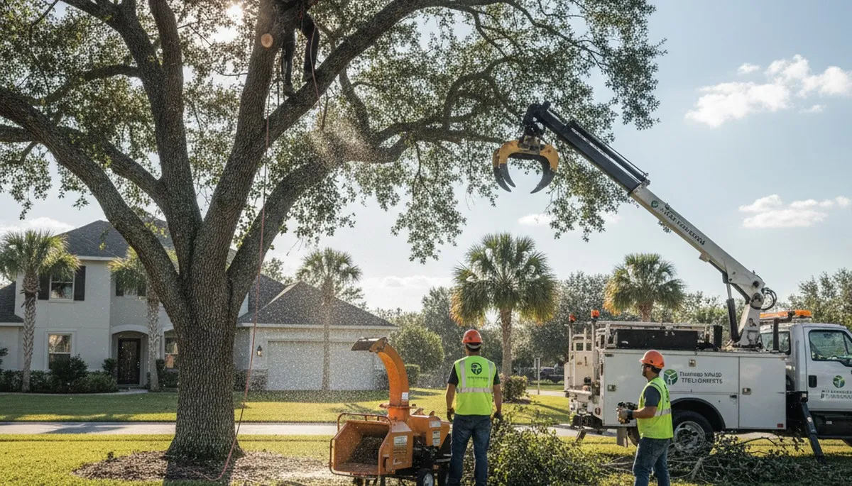 Professional tree removal service in Sarasota FL safely clearing large oak trees