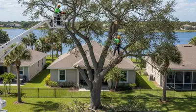 Professional tree removal service in Sarasota FL safely cutting and clearing large oak tree