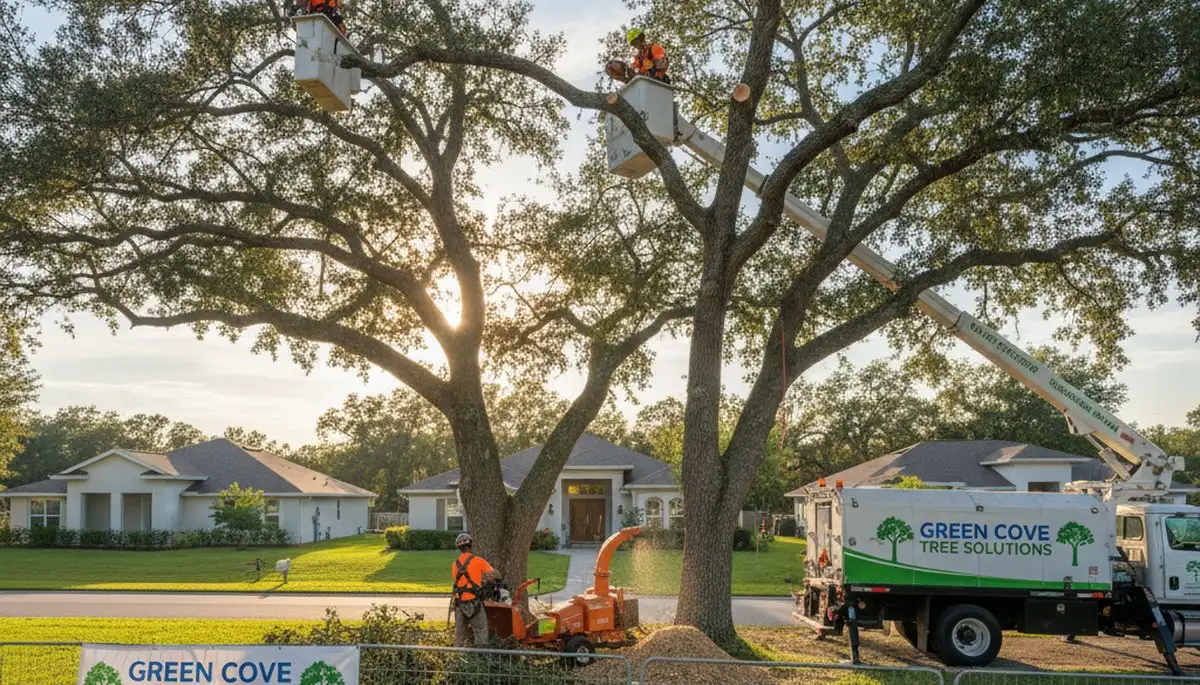 Professional tree removal service in Sarasota FL safely cutting and hauling large oak tree