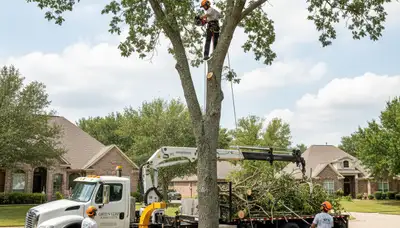 Arborist trimming palm tree in Sarasota, FL for Chop Chop Tree professional tree care service