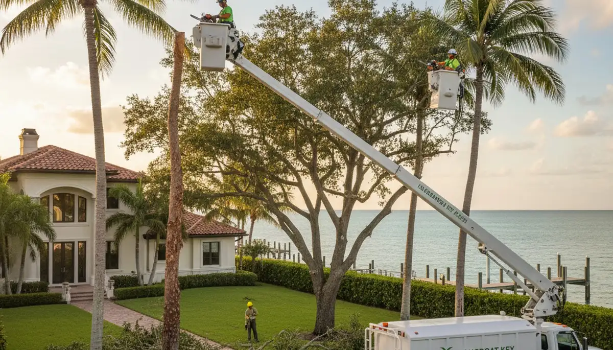 Professional tree removal service in Sarasota FL safely cutting and clearing large oak trees