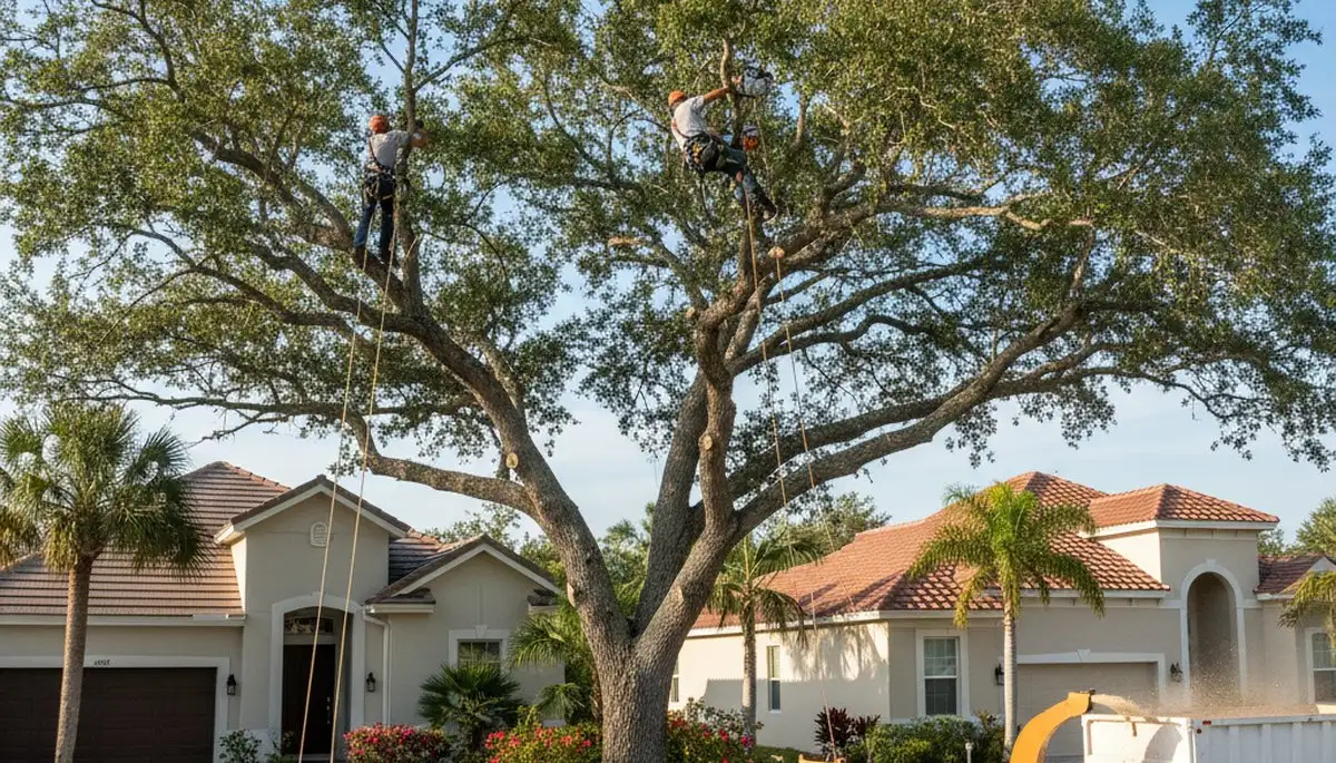 Professional tree removal service in Sarasota FL safely cutting and clearing damaged oak trees