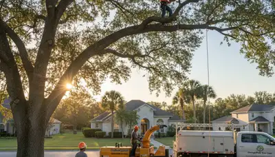 Professional tree removal service in Sarasota FL safely cutting and clearing large oak tree