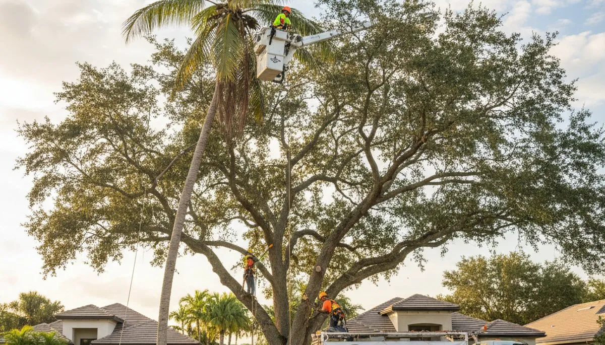 Professional tree removal service in Sarasota FL safely clearing large oak trees