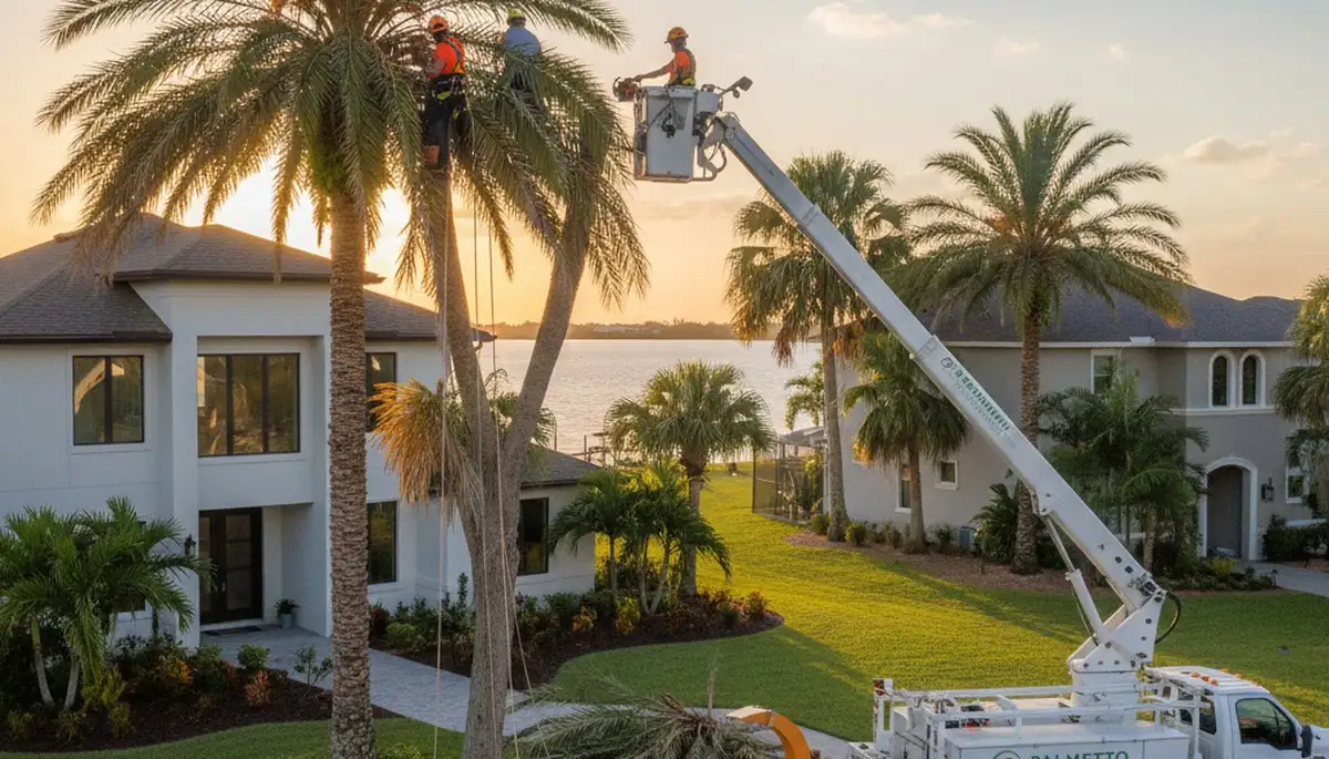 Professional tree removal service in Sarasota FL safely cutting down large backyard oak tree