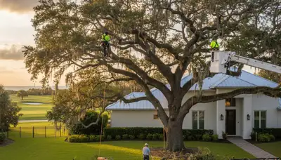 Professional tree removal crew working safely in Sarasota, FL residential neighborhood